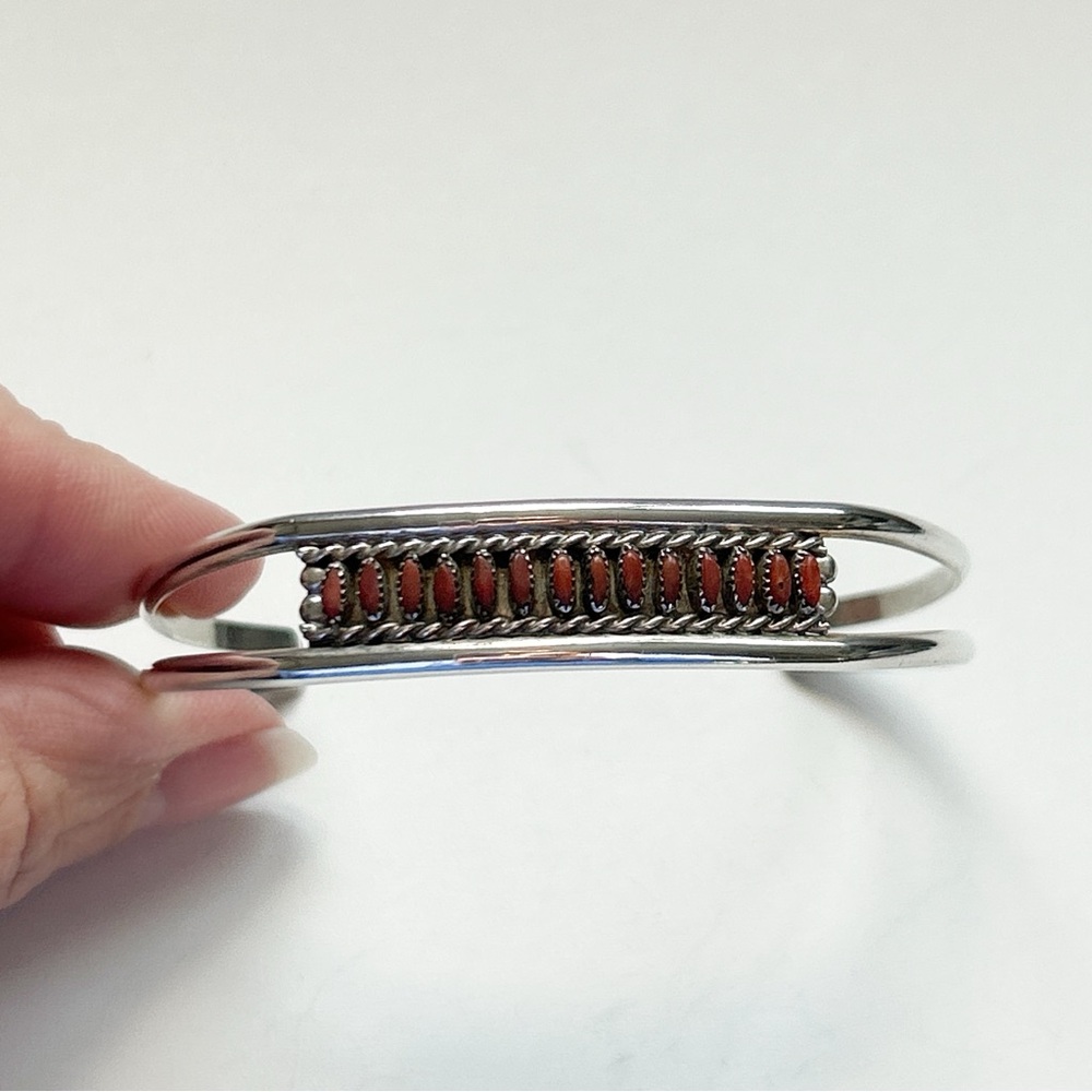 Vintage M. Solomon Zuni Needlepoint Red Coral Sterling Silvery Cuff Bracelet